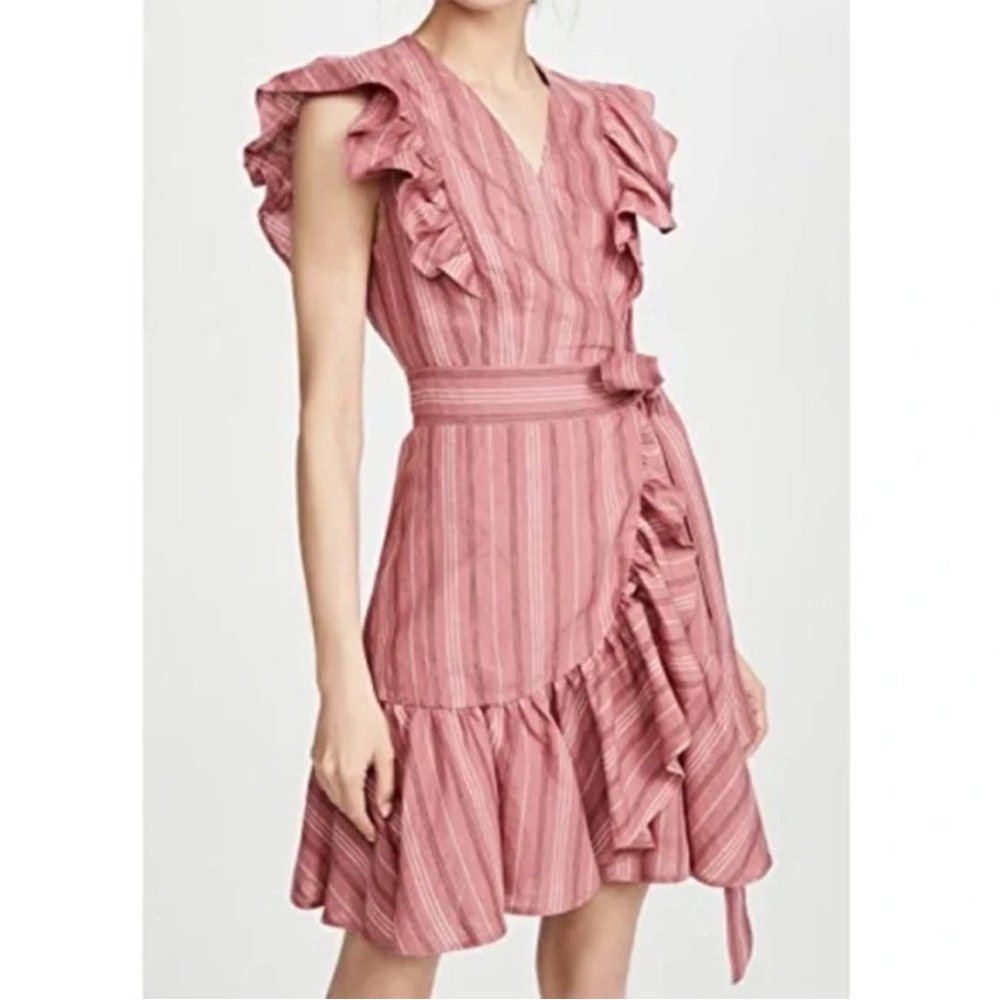 Rebecca Taylor (6) Romantic Rose Pink Linen Wrap Dress Stripe Work Career Ruffle